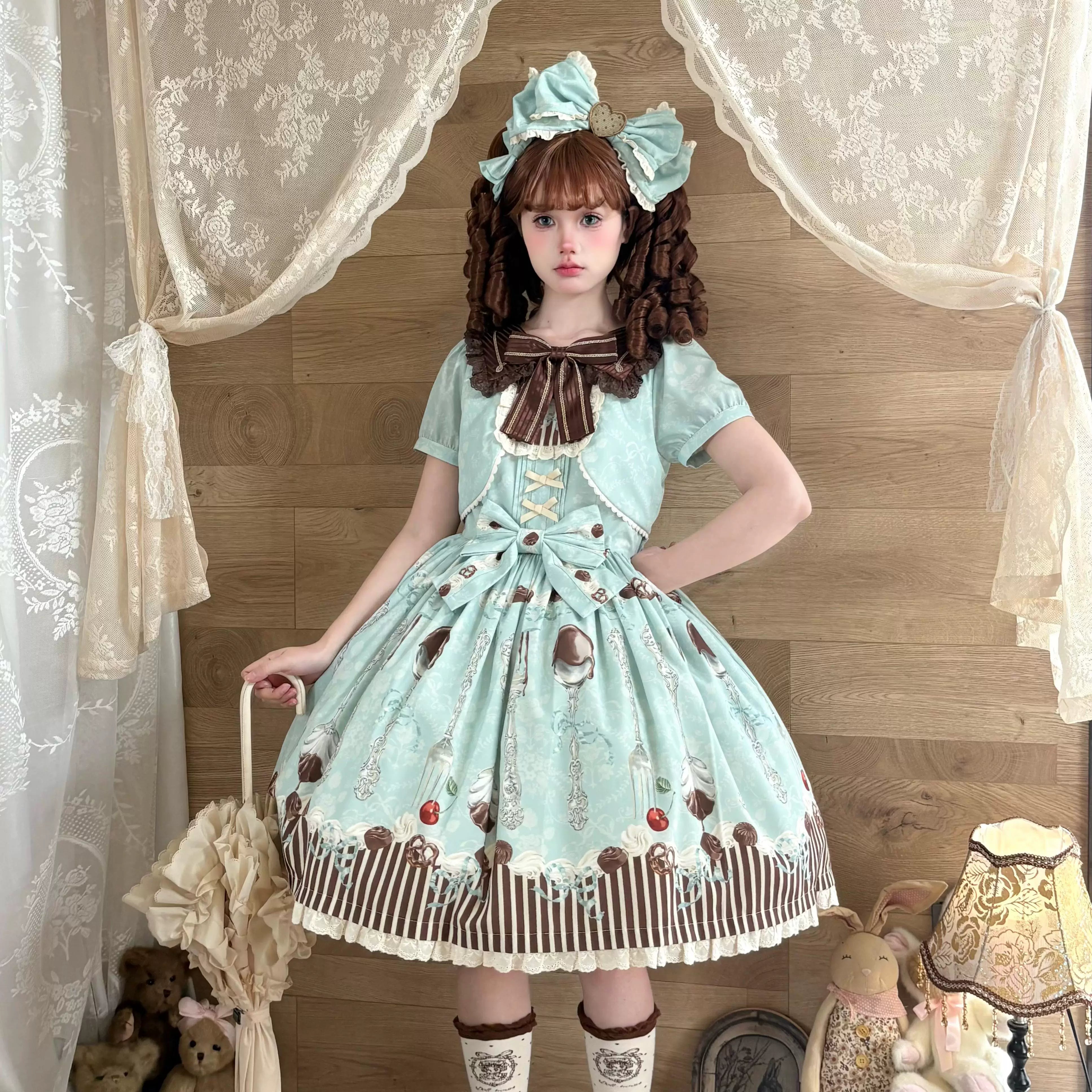 Dessert - Kawaii Lolita Sailor Collar OP Dress, Chocolate & Fork Print 44905:827070