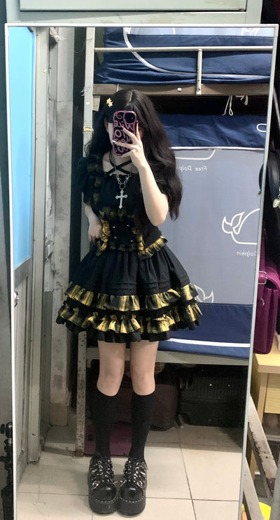 Mengfuzi~Punk Cat~Exquisite Multi-colored Punk Lolita Blouse and Skirt Set S yellow 39cm 