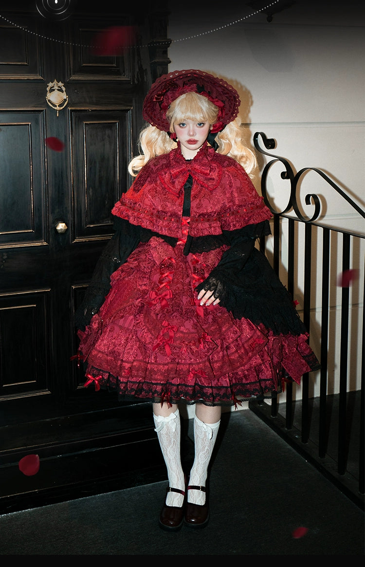 Lost Aqua - Vintage Lolita Dress Set Cotton Shirt XS Dark red FS (with black badge)