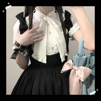 (BFM)KittyBxllet~Dream Crystal~Jirai Kei Lace Stand Collar Ribbon Blouse free size white 