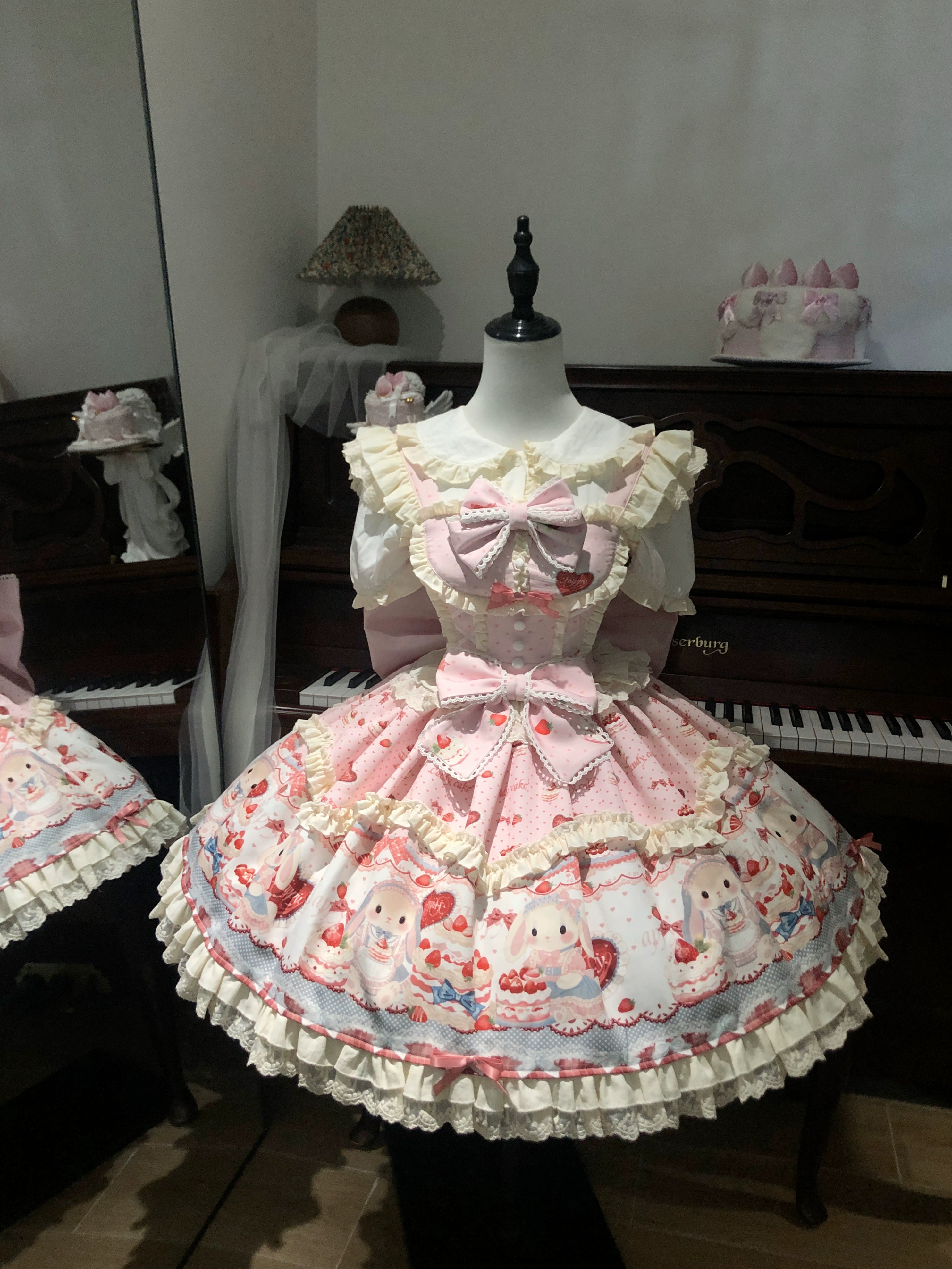 Sweet Dreamland - Bunny Party - Printed Sweet Lolita JSK, Bow Trailing Pink Fullset (JSK + Shirt + Trailing) S