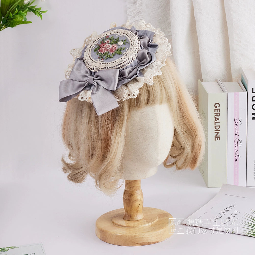Sugar Time - Sweet Lolita Top Hat, Floral Embroidery