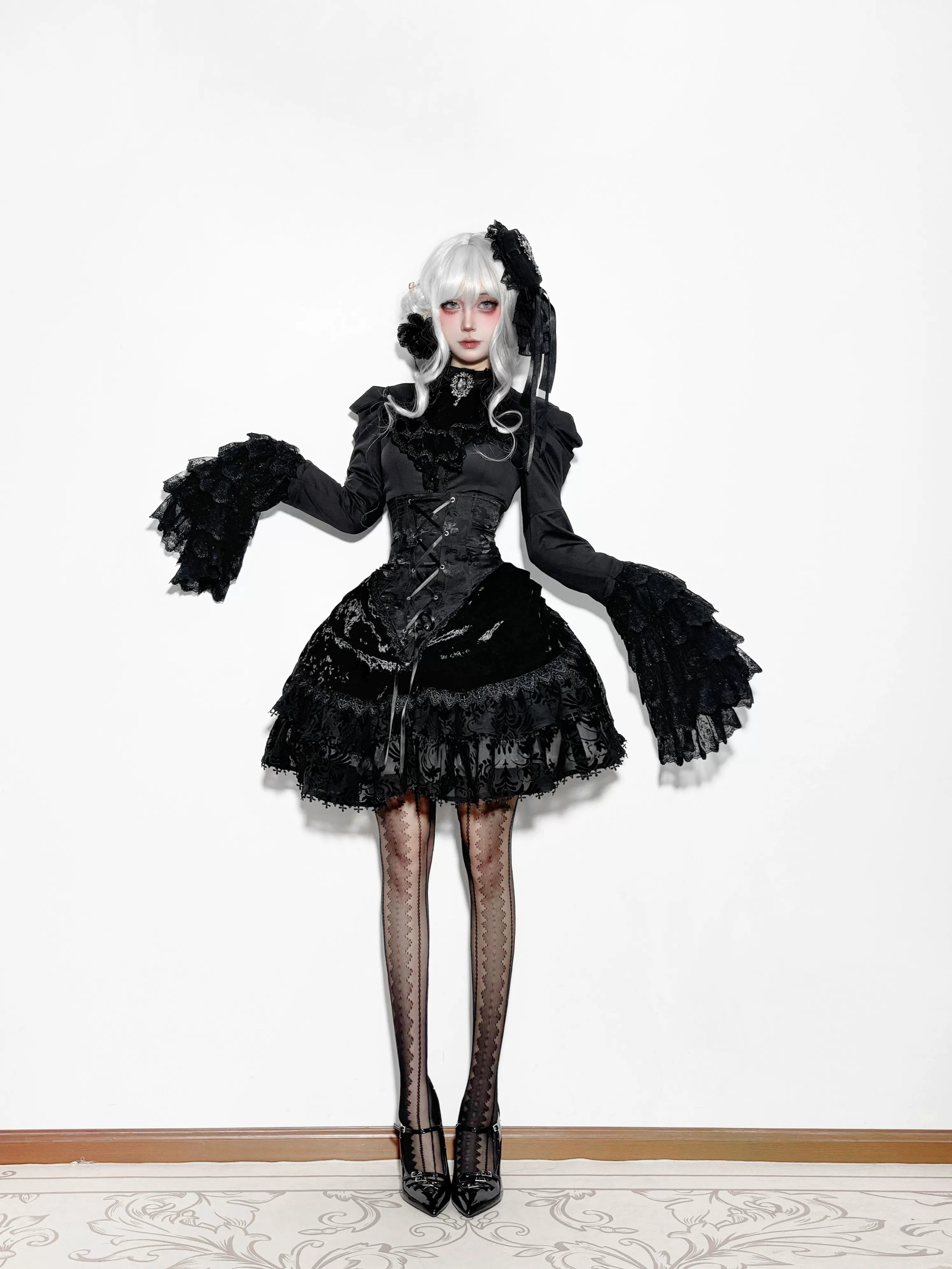 Twilight Hour - Gothic Lolita Hime-sleeve Blouse & Corset Skirt Set (L M S XL XS) 45373:845789