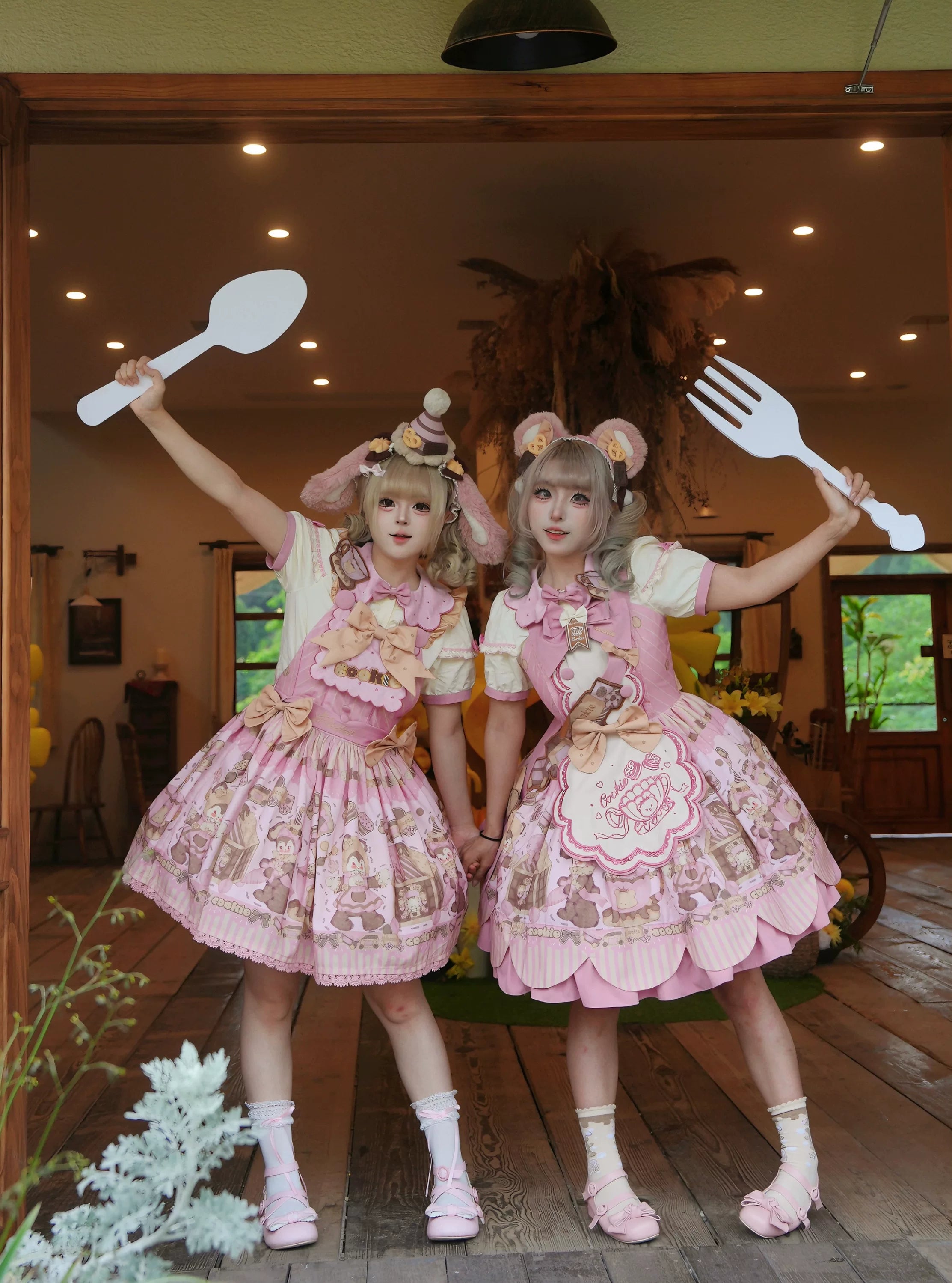 Bear Biscuit SP - Kawaii Lolita Bear Printed Dress Set with Bows 45375:846434