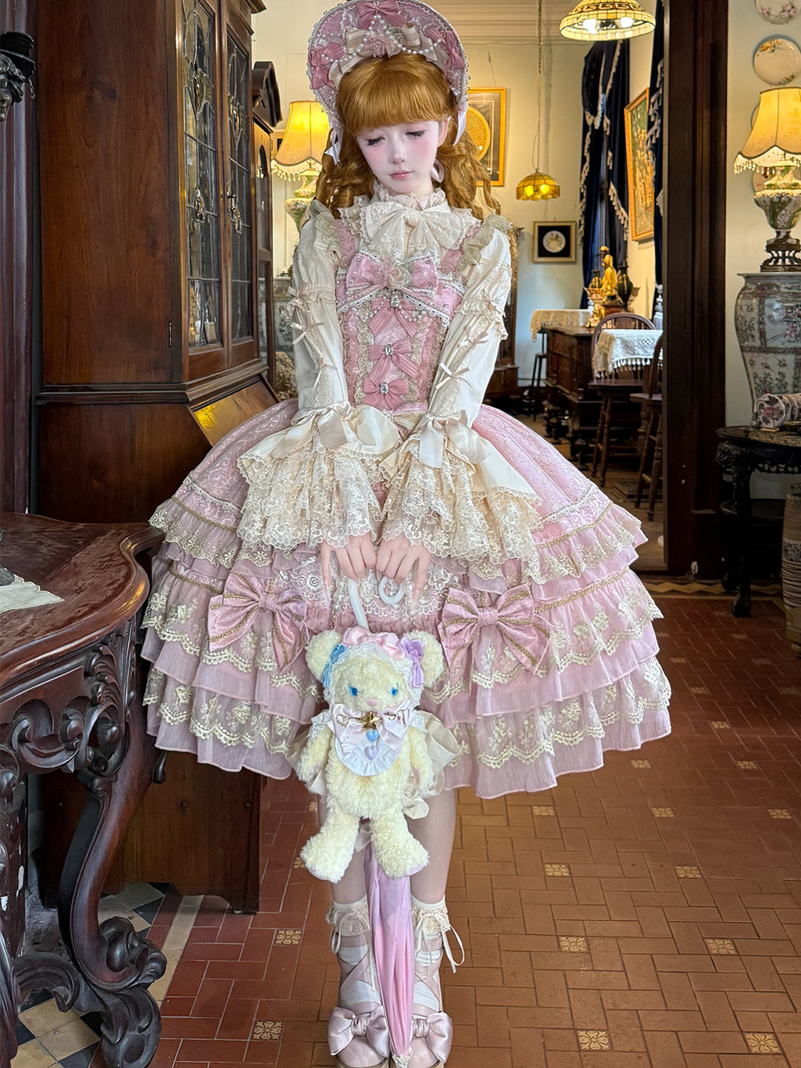 Hanguliang - Gem Crown - Sweet Lolita JSK Suit Tiered Ruffles Doll-Like Dress and BNT