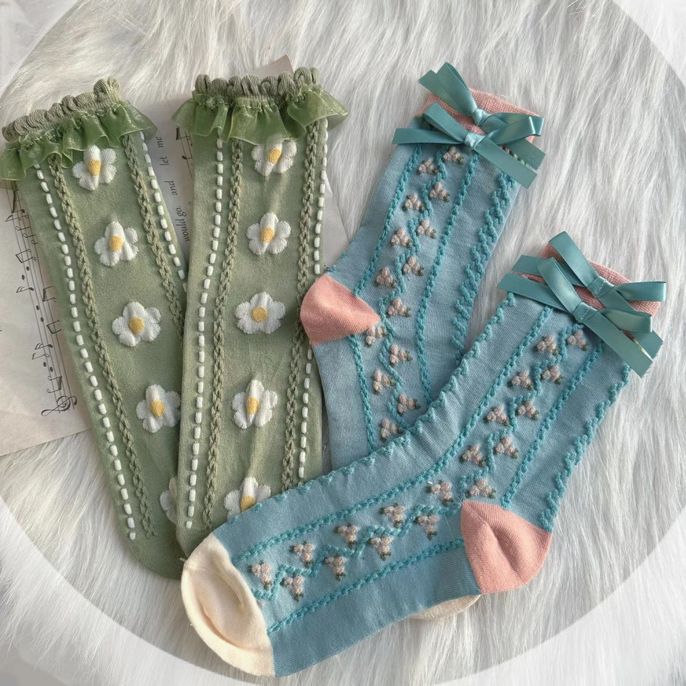 Chestnut Lolita~Vintage Lolita Handmade Socks small green (gauze edge) + small blue (bow)  