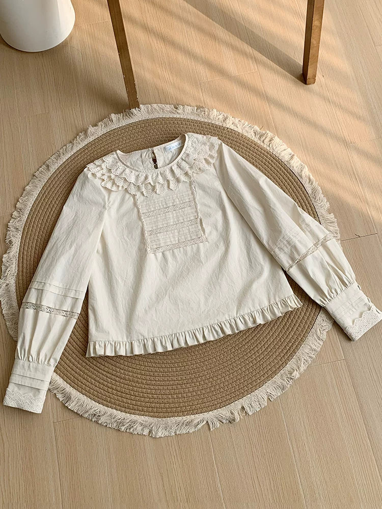 Jennie - Sweet Lolita Cotton Shirt, Ruffled Round Collar Ivory S