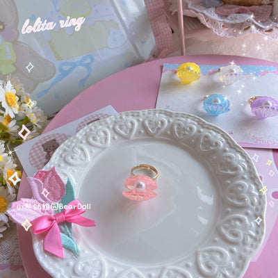 Bear Doll~Kawaii Lolita Ring Adjustable Shell Heart Shape Accessories Pink seashell Free size 