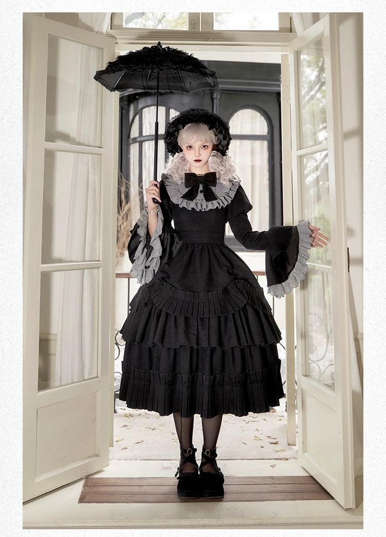 With PUJI~Midnight Chronicles~Black Old School Lolita OP Dress with Princess Sleeve