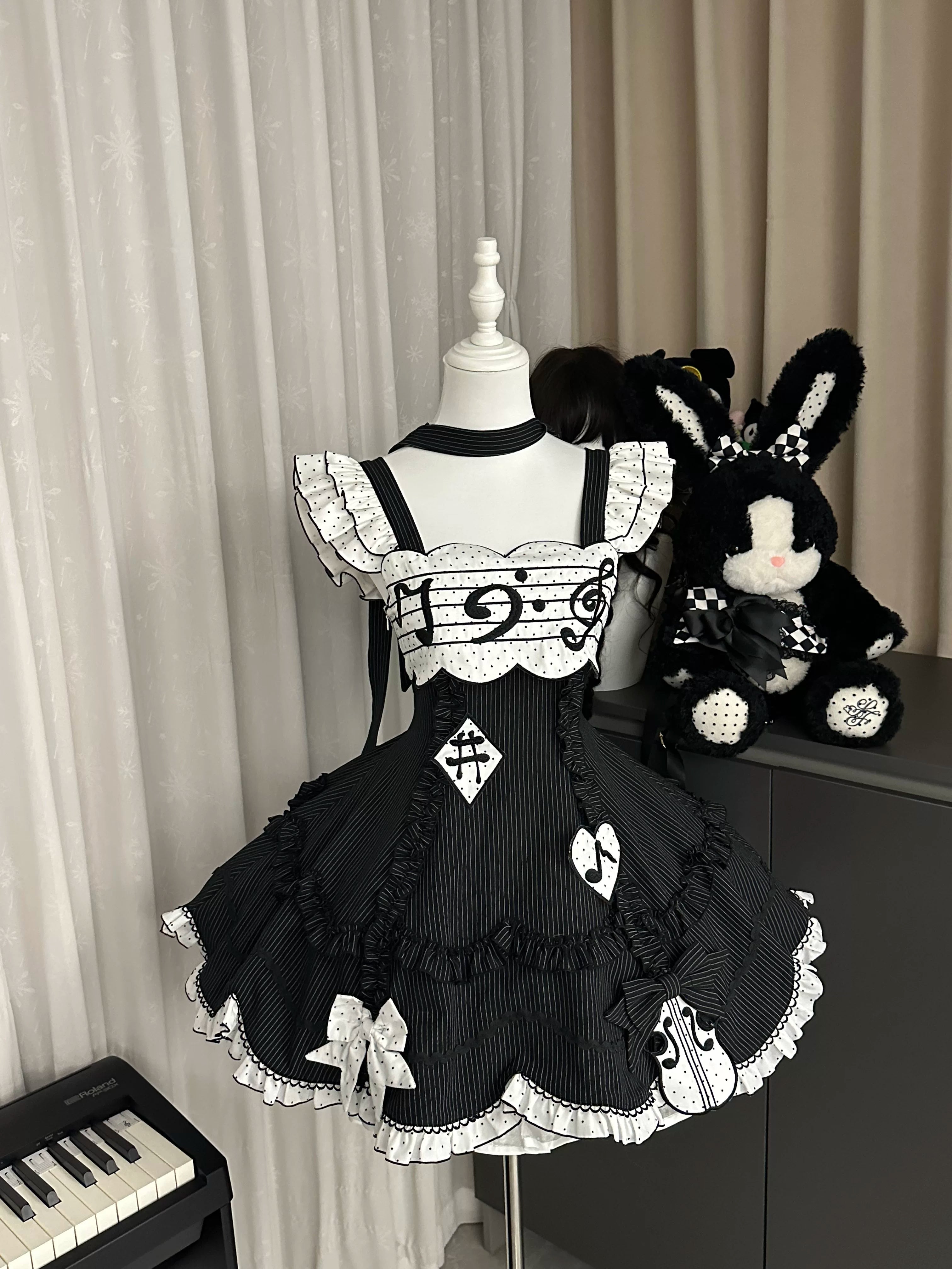 Rhythm Note - Old School Lolita JSK Dress with Piano Keys Hem 45742:860642