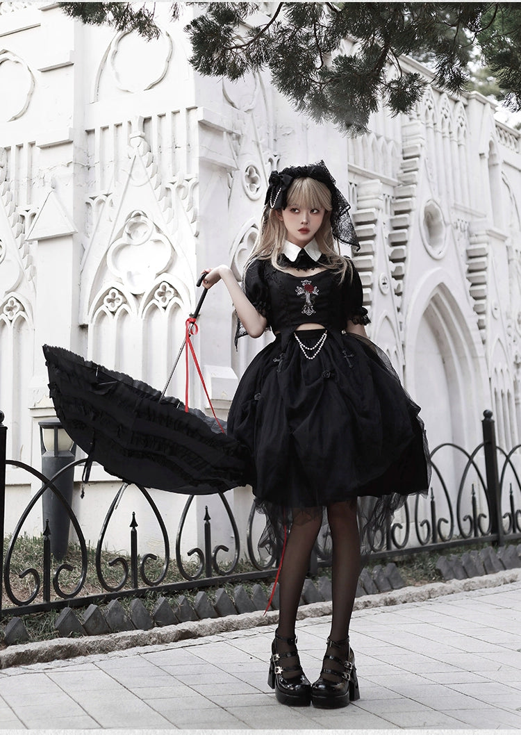 With PUJI~Evil Flower~Gothic Lolita Skirt Set Rose Embroidered Hollow Out Blouse   