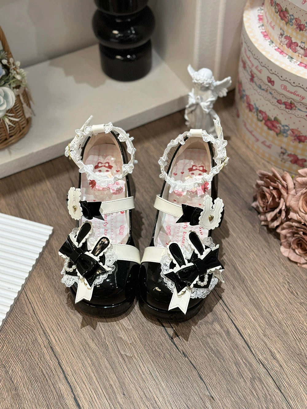 Sweet Bunny Tea Party - Sweet Lolita Chunky Heels Shoes, Bunny-ear Bow Decoration (漆皮黑 / 34 35 36 37 38 39 40) 44839:825356