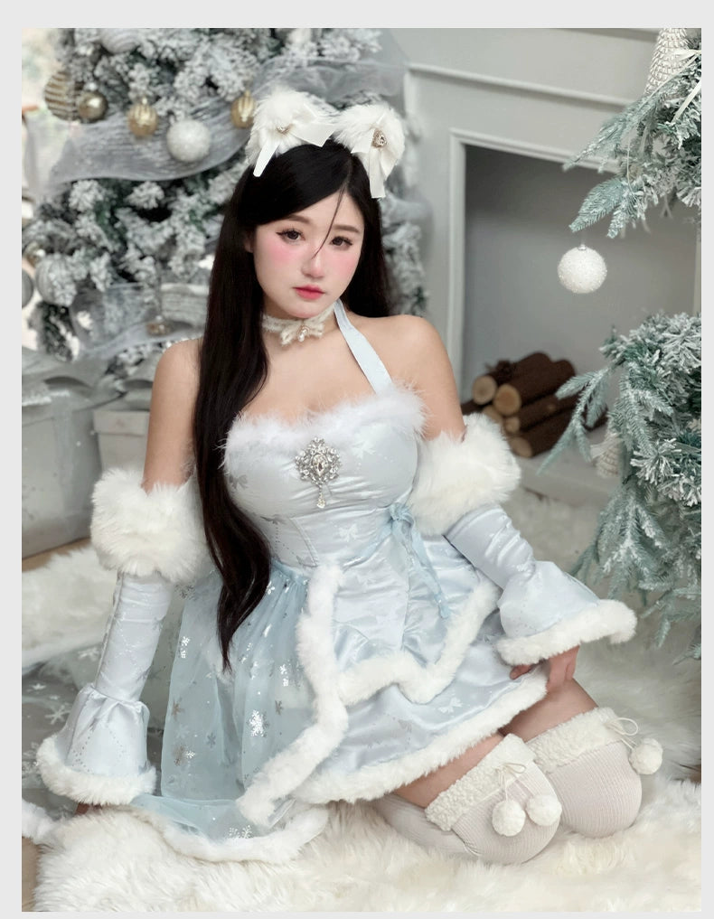 (BFM)Diamond Honey~Snow Country Elf~Elegant Lolita Dress Set with Plush Sparkling Diamonds free size blue dress 