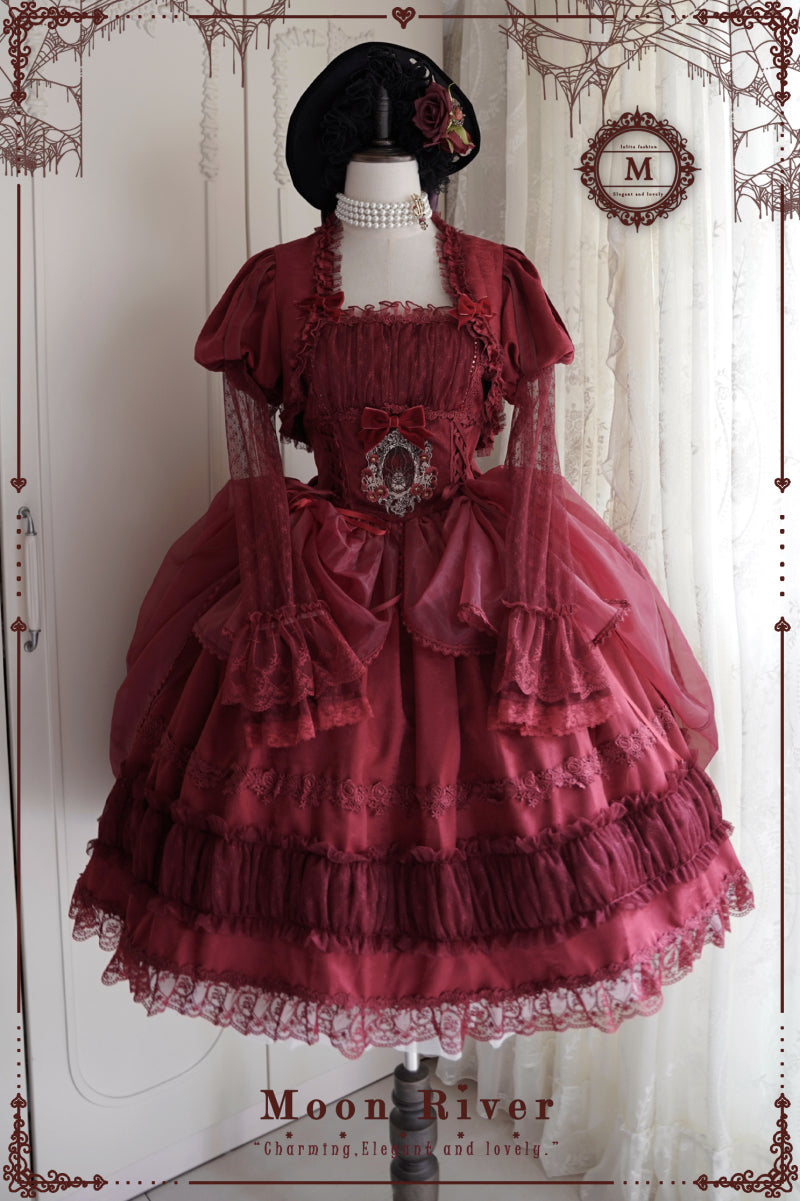(BFM)Moon River~Gothic Lolita Dress in Red and Black Color S red JSK 2 version- lace hem-long version 