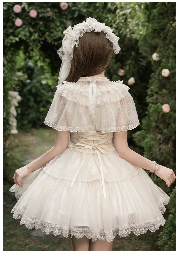 White Mist Promise - Classic Lolita Corset OP Set, Edwardian Collar & Tiered Hem 45173:838294