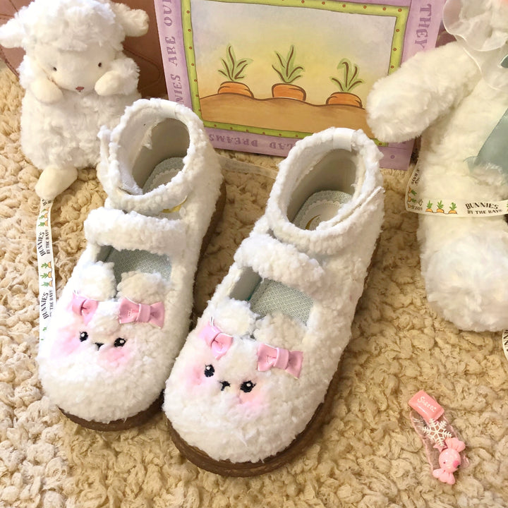 Fairy Godmother~Cute Plush Warm Round Toe Lolita Soft Sole Shoes 34 Lamb wool in white with fur lining 
