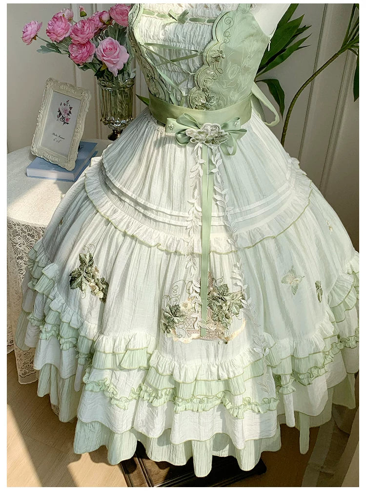Green Grape - Embroidered Country Lolita OP Dress, Tiered JSK 44986:831135