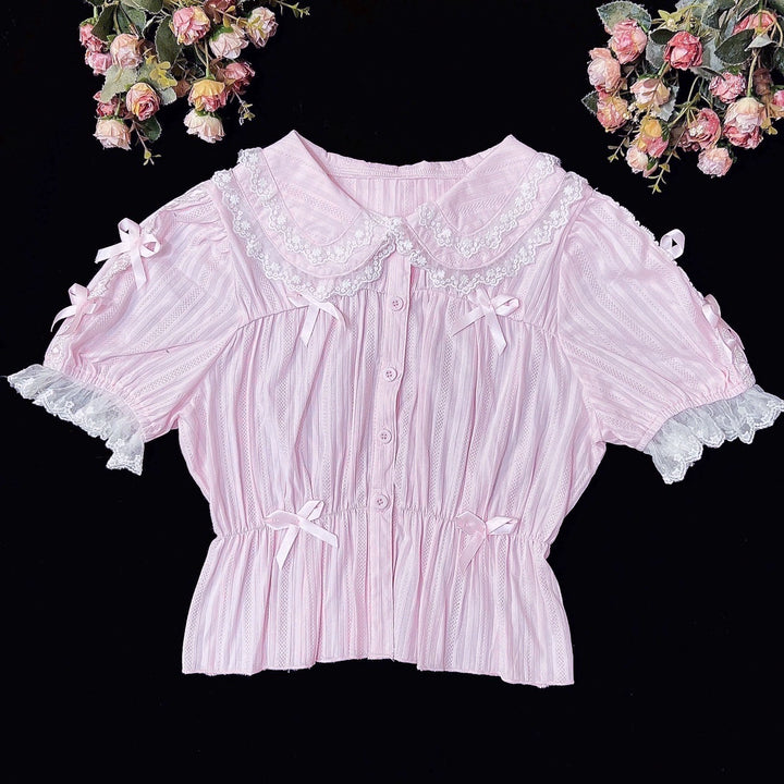 DMFS Lolita~Sweet Lolita Shirt Doll Collar Blouse High-waisted S Pink short sleeve 