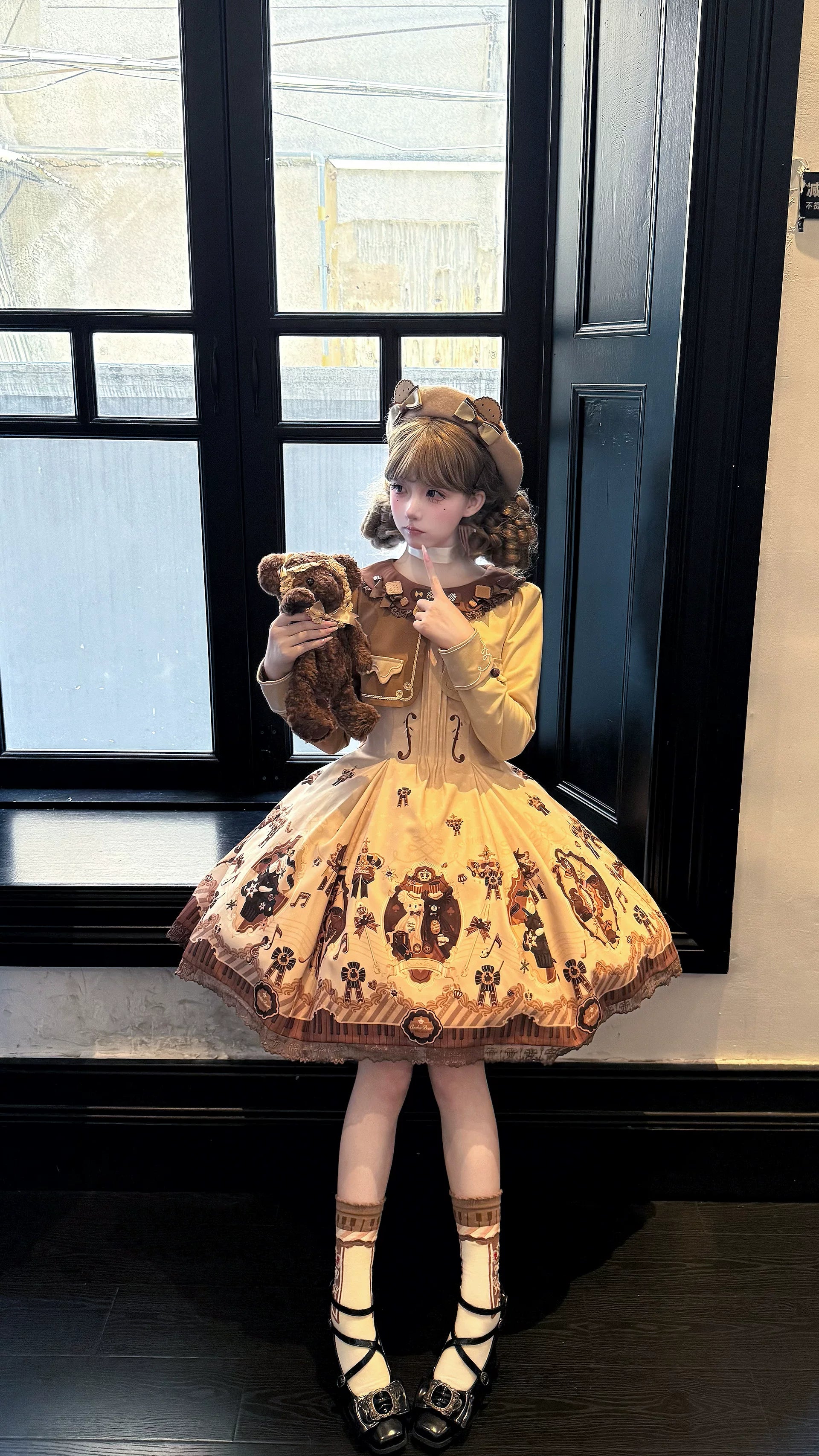 Cream Bear - Print Kawaii Lolita Fake Two-Piece OP, A-lined JSK Dress 44502:811682
