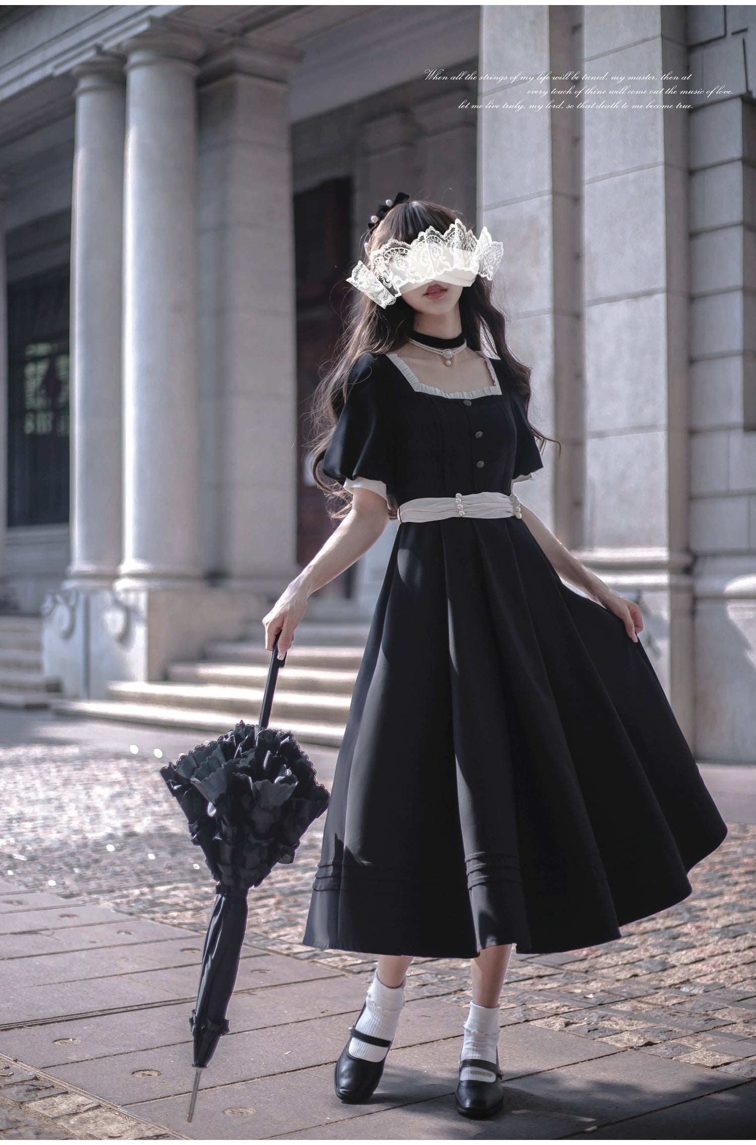 (BFM)HuTaoMuJK~Thoughts~Vintage Lolita OP Dress Square Neckline Black Lolita Dress 35832:504708