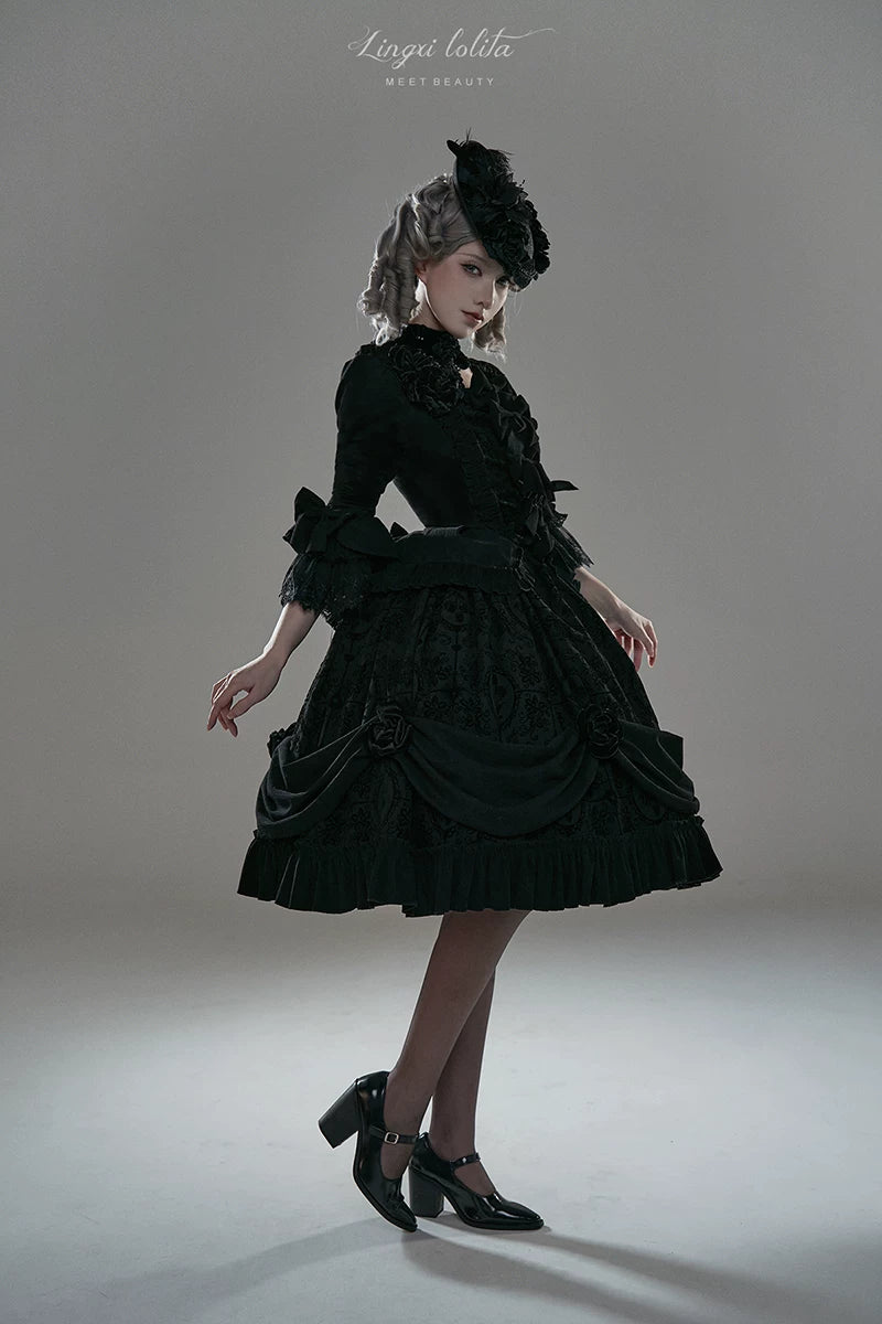 Midnight in Versailles - Gothic Lolita Hime Sleeve Blouse & Floral Skirt 44495:810519