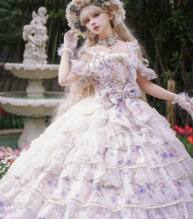 Cat Fairy~Rose Letter~Gorgeous Lolita JSK Princess Dress Chiffon Floral Printed Blue Dress   
