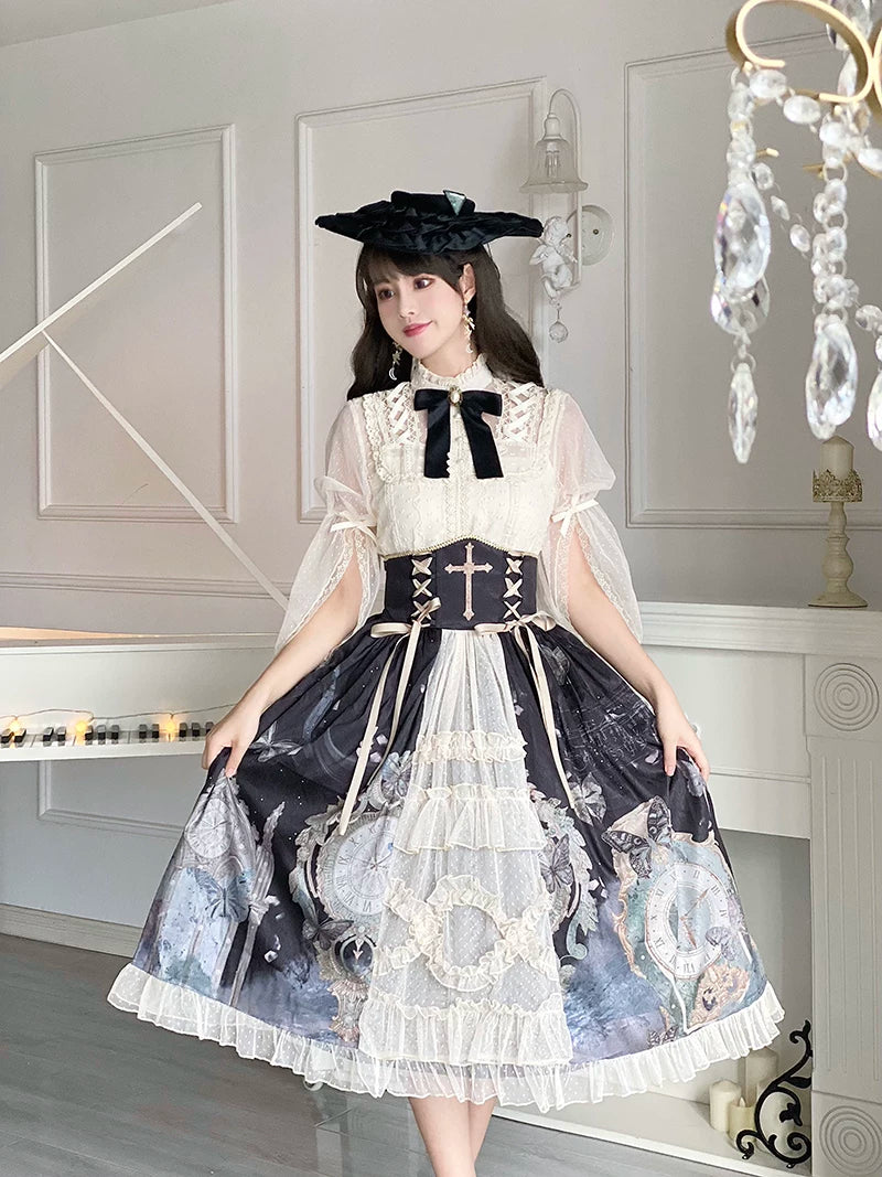 Clock Butterfly - Gothic Lolita Printed Blouse and Corset Skirt Set 45449:848801