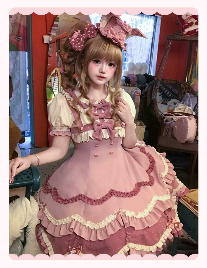 Sakurahime~Bunny Breeze~Pink Sweet Lolita OP Dress with Cute Hat and Bunny Ears