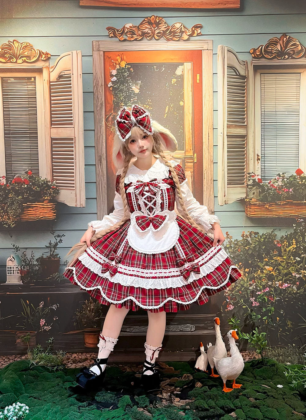 Plaid Petal Bunny - Old School Lolita Plaid OP Dress, Petal-shaped Hem 44673:818336