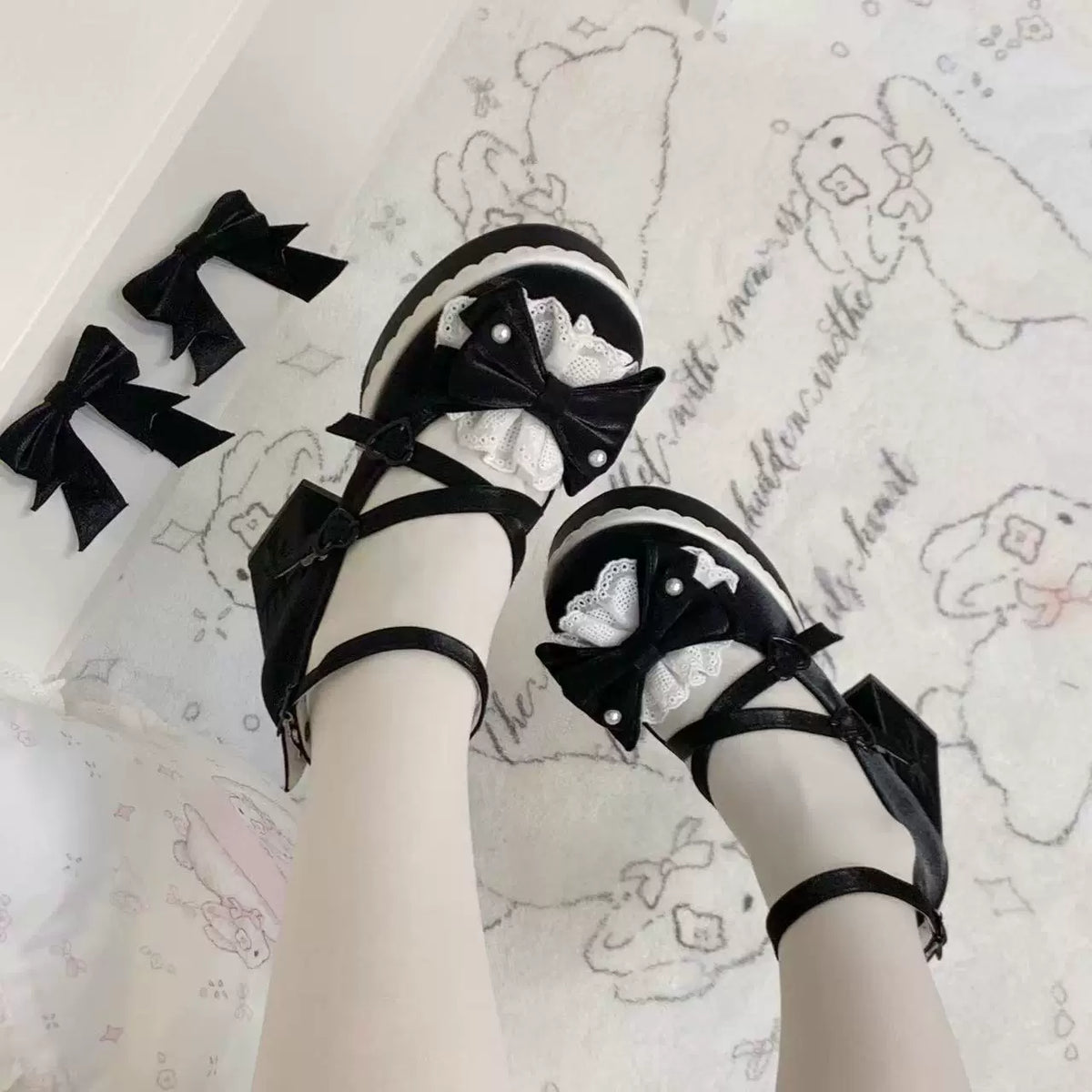 Tea Party Tale - Sweet Lolita Platform Heels, Bow Strap & Fork Embroidery 45905:867658