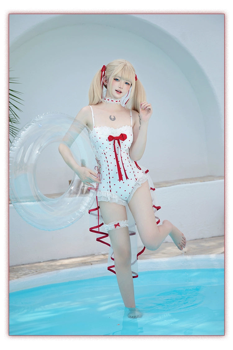 Tan Tuan~Heartbeat Melody~Red & White Lolita-Inspired Swimsuit Set 42997:761401