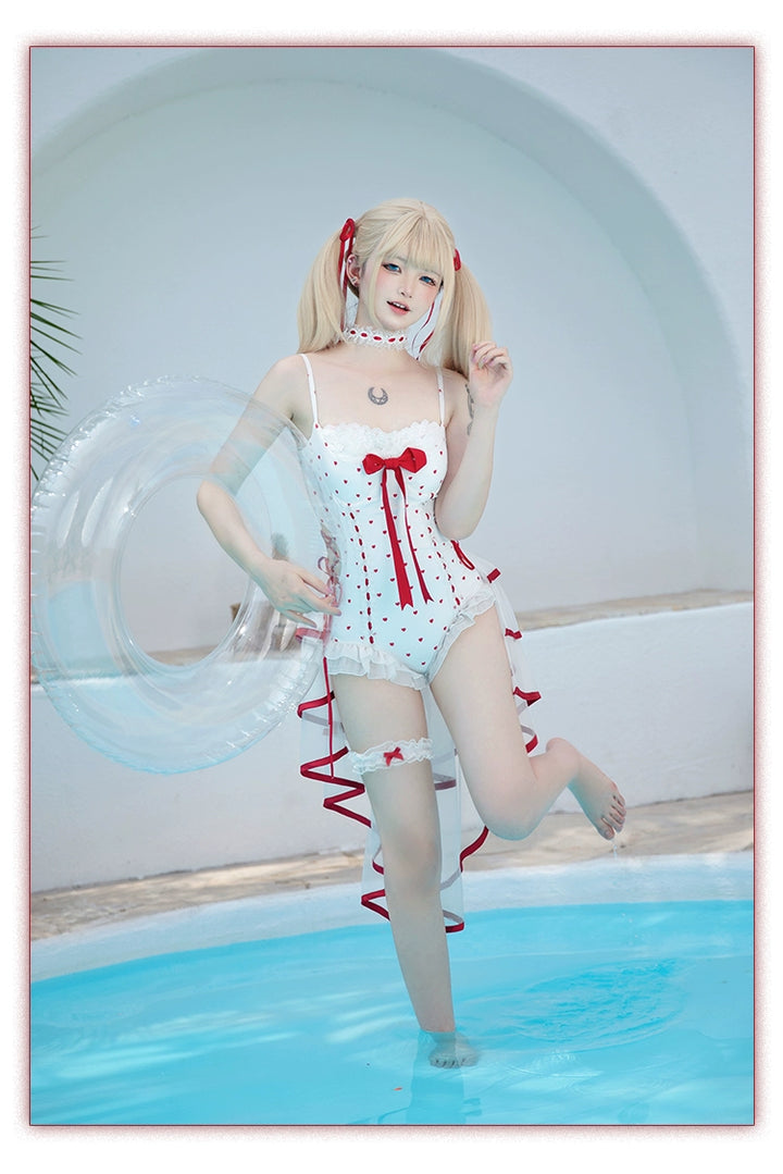Tan Tuan~Heartbeat Melody~Red & White Lolita-Inspired Swimsuit Set 42997:761401