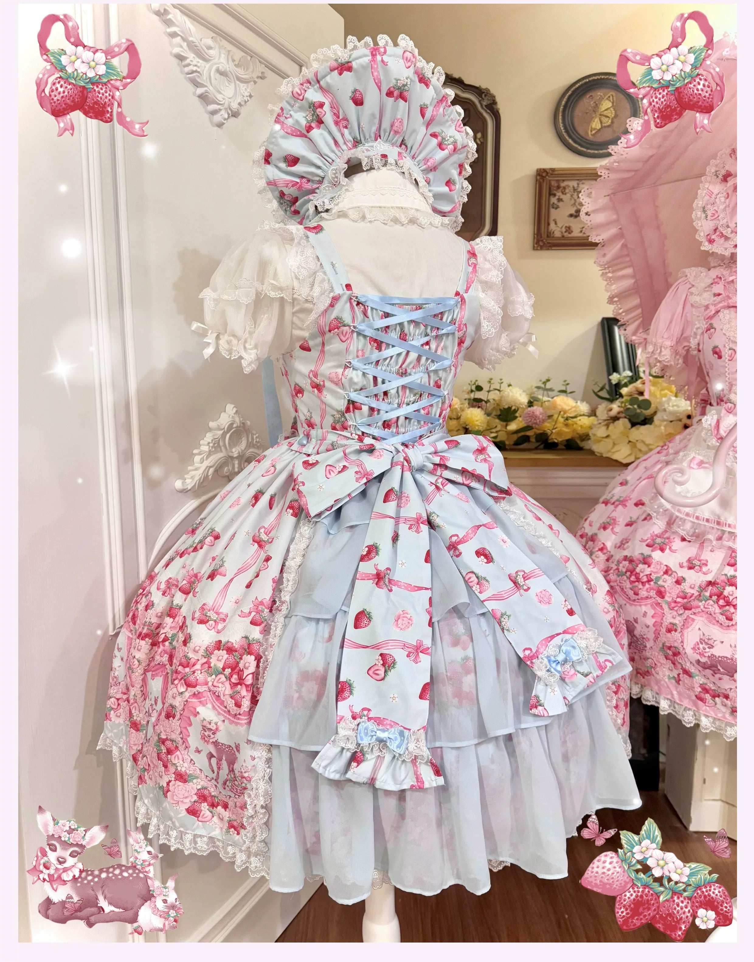 Deer Strawberry Garden - Old School Lolita Deer & Strawberry Printed JSK Dress 45681:860549