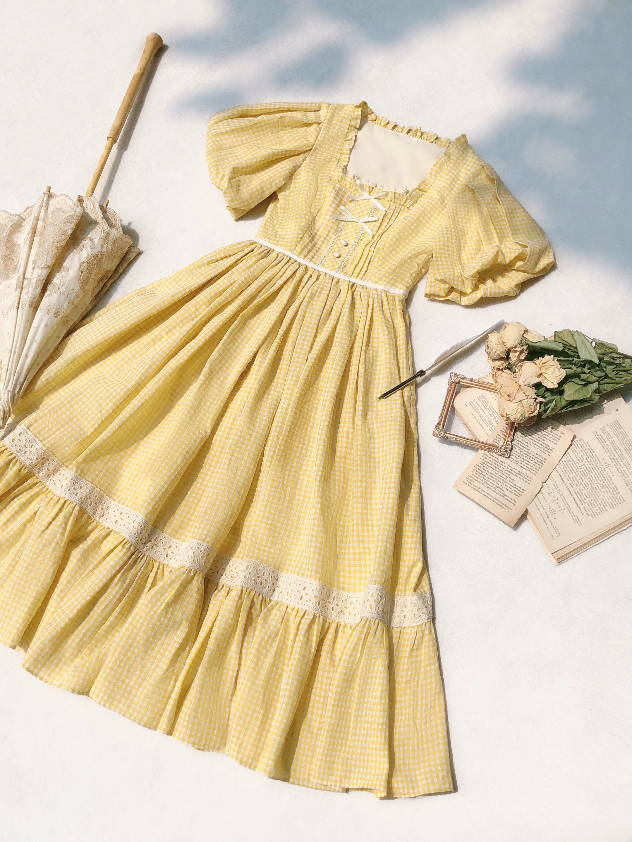 HuTaoMuJK - Belle - Yellow Lolita OP Dress Set Apron Dress Plaid Print S dress