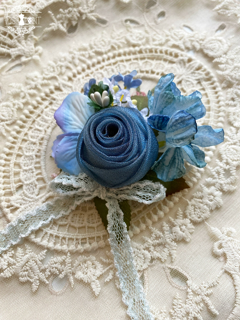 Miss Point~Sweet Lolita Accessories KC Hair Clip Brooch Waistband Cuffs Dark Blue Flower Dual-Use Brooch  