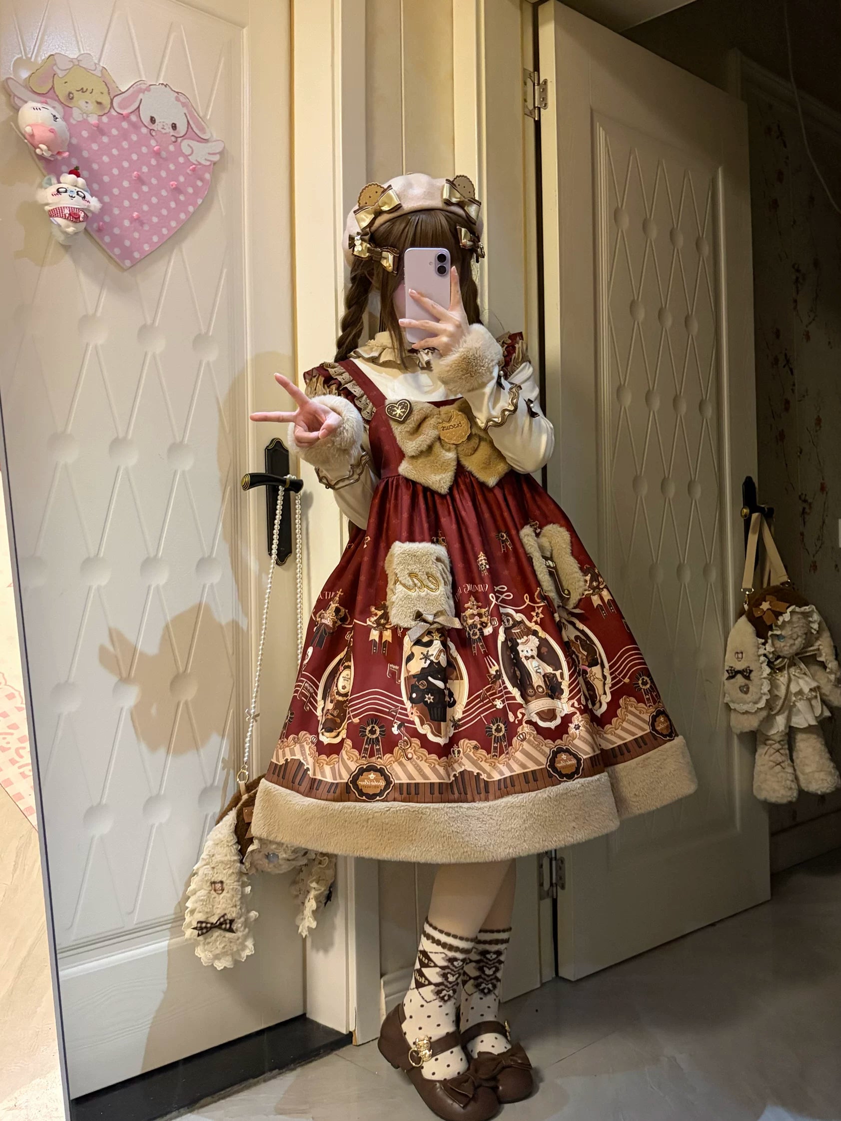 Cream Bear - Print Kawaii Lolita Fake Two-Piece OP, A-lined JSK Dress 44502:811655