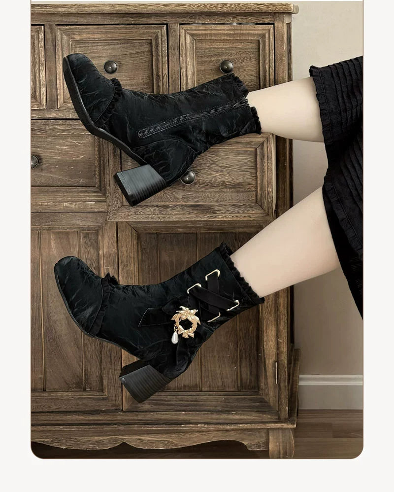 Taoxiaowu~Elegant Lolita Boots Winter Lolita Shoes 34 Black