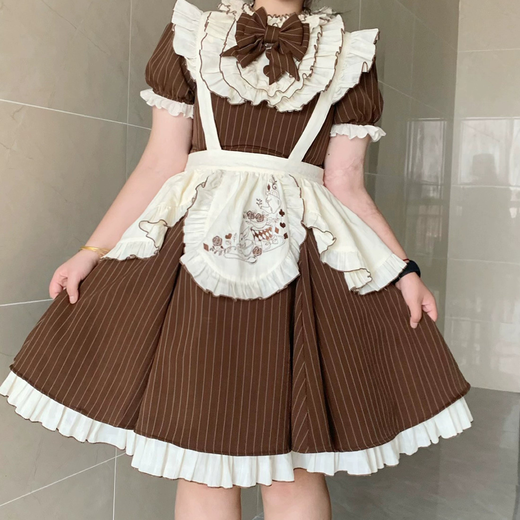 Chubby Cat Diary - Afternoon Tea - Striped Sweet Lolita OP, Petal-Ruffled Apron (2XL 3XL L M S XL) 44318:804544