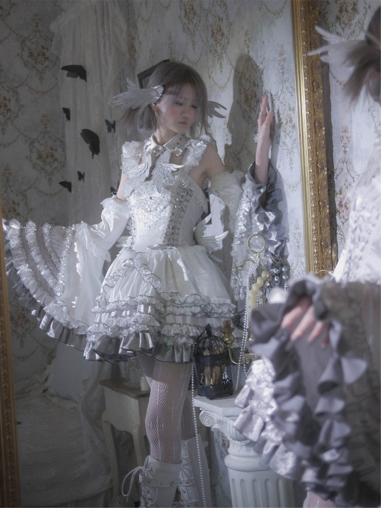 LustrE - Metallic Angel - Silver-white Punk Lolita JSK, Wing and Rhinestone Details 44276:801864