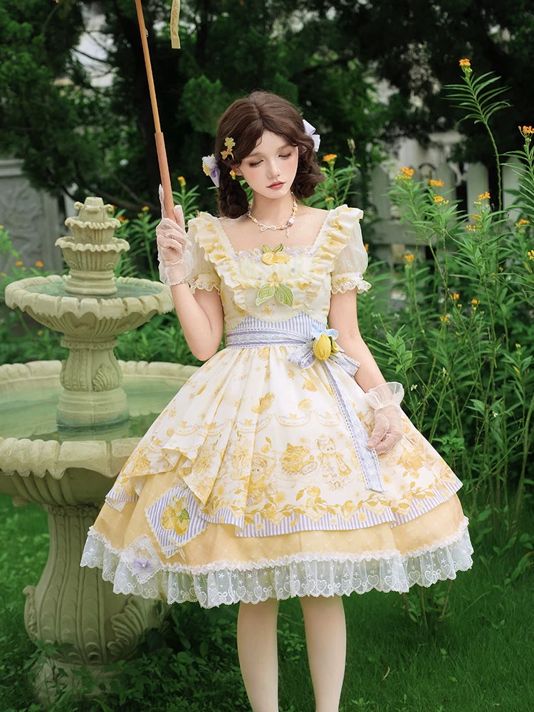 Lemon Drop - Classic Lolita Lemon & Bear Printed OP Dress (L M S XL) 45501:851111