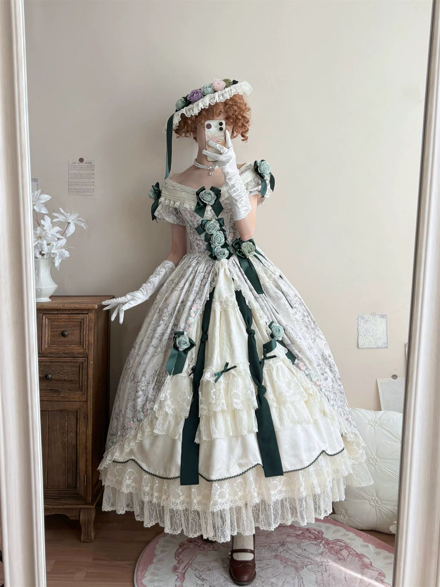 Dolota Flower Wall - Classic Lolita Floral OP Dress, Open Shoulder 44485:811153