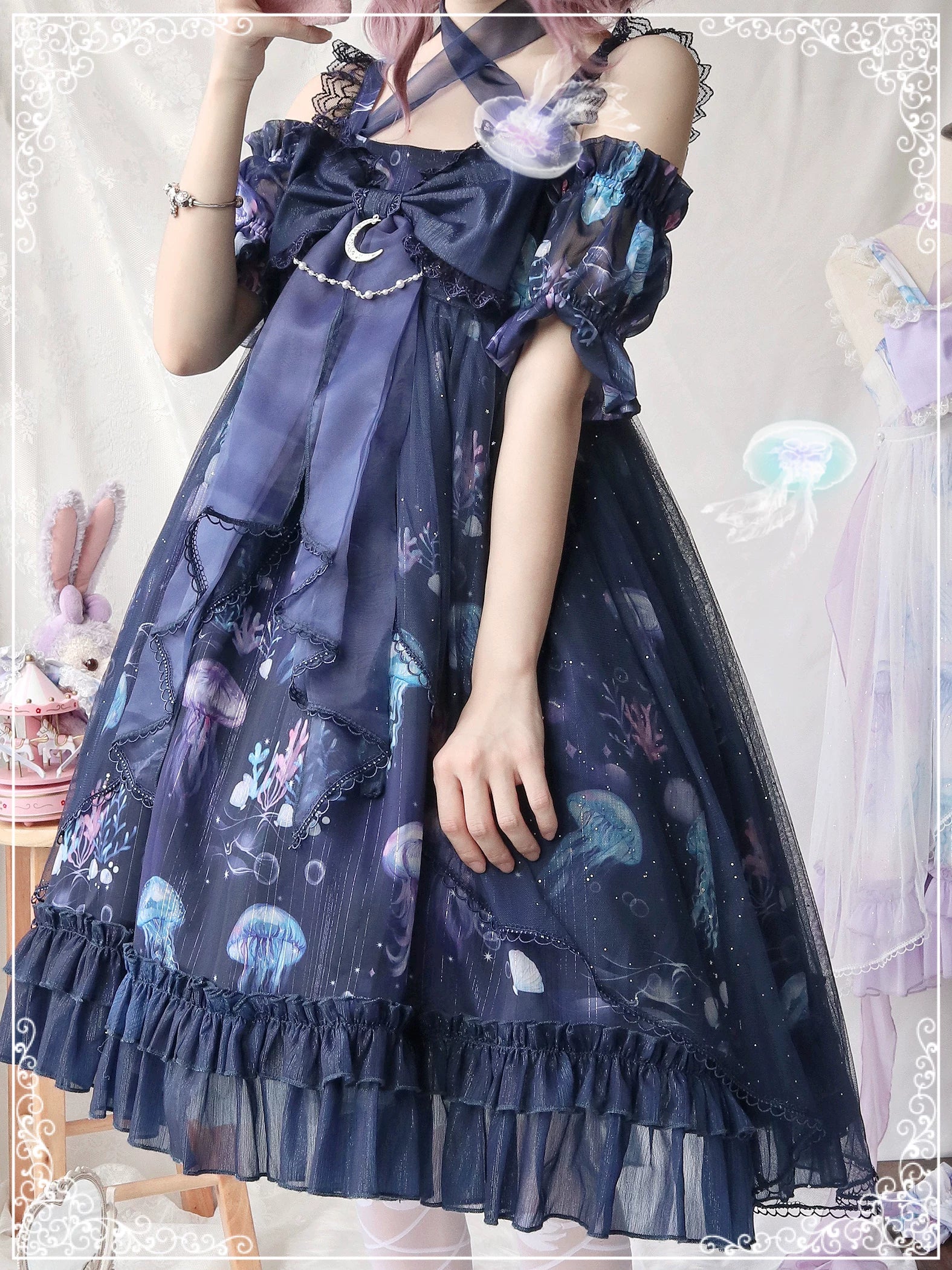 Coral Jellyfish - Sweet Lolita High-waist JSK Dress, Jellyfish & Coral Print 44906:827408