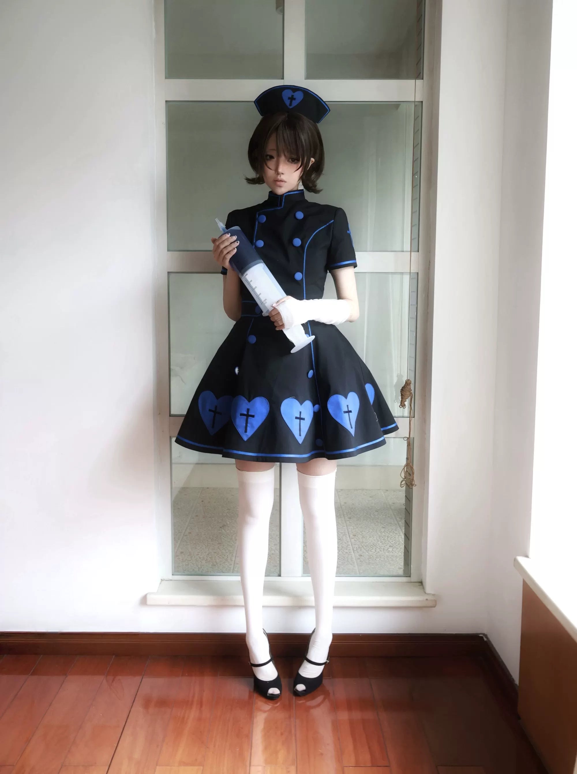 Sweet Heart Hospital - Old School Lolita Stand Collar OP Dress, Heart-cross Patches