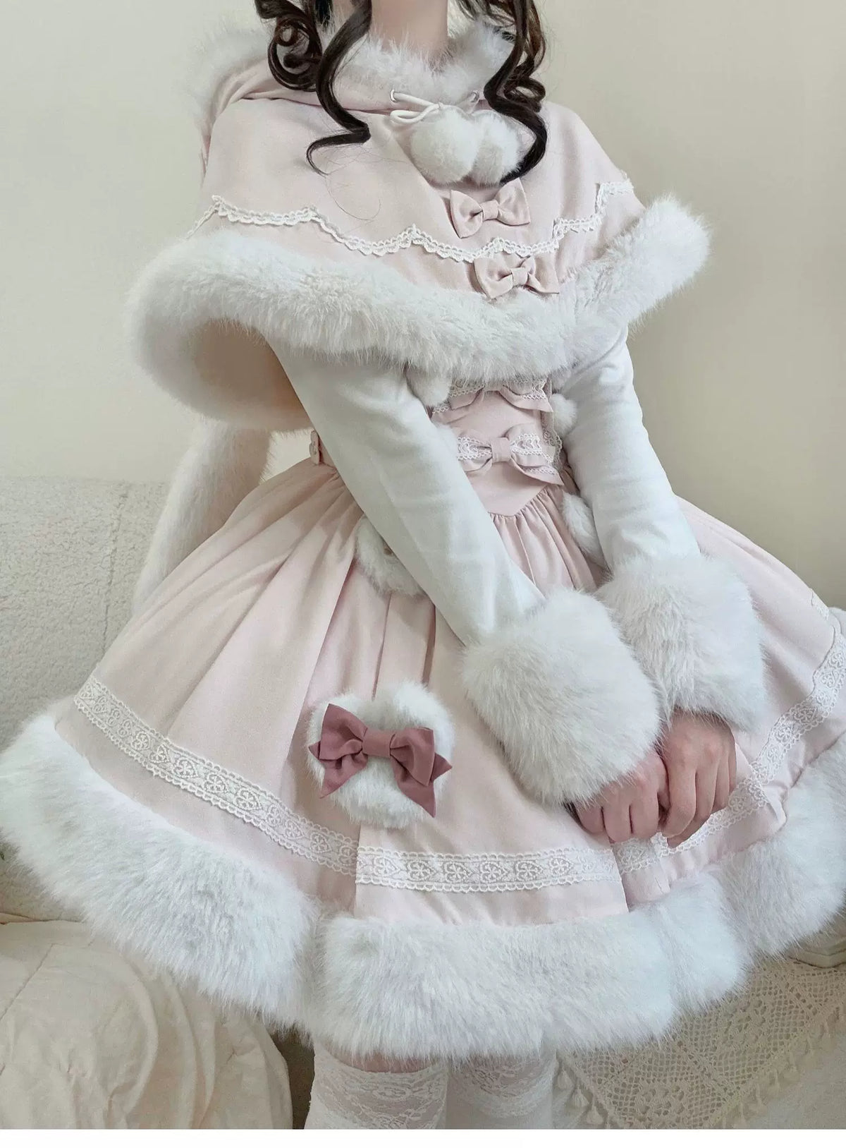 Sweet Dream Bunny - Sweet Lolita Cape & JSK Dress Set, Faux Fur Bunny Ear 46120:875806