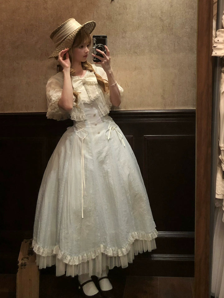 Kuma~Little Wind Chime~Elegant Lolita OP Water Blue Dress With Decorative Tulle Cape