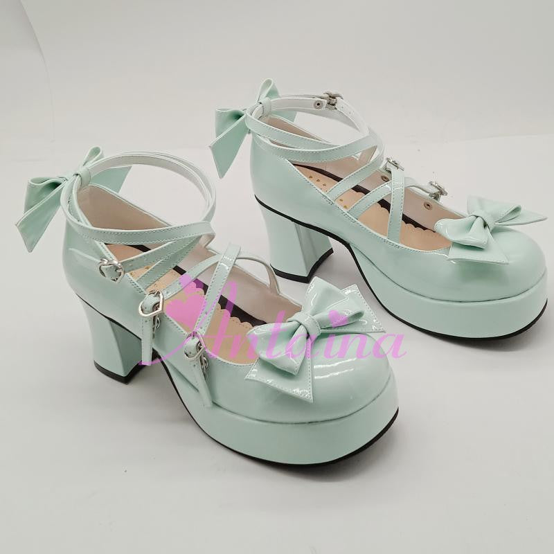 Antaina - Popular Japanese Lolita Bow Strap Multiple Colors 36 mint green shining (heel back 7.5cm front 3cm )