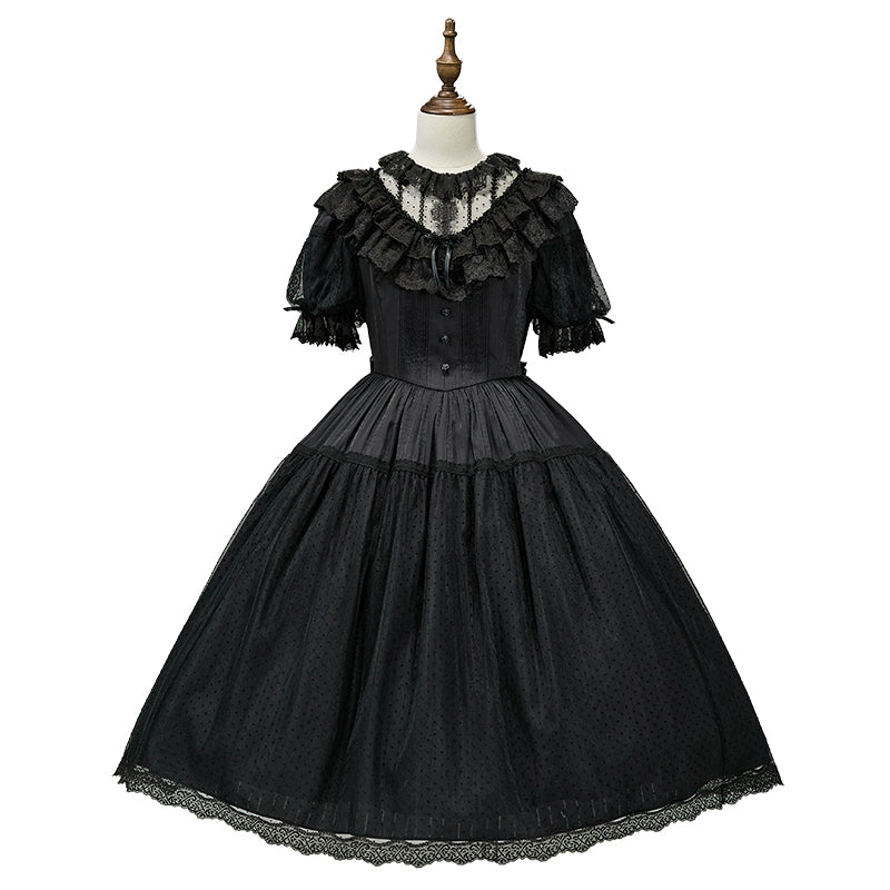 Nuit De Cellophane~Wild Swan~Elegant Lolita Dress Suit with Swan Embroidery Black-solid OP only XS