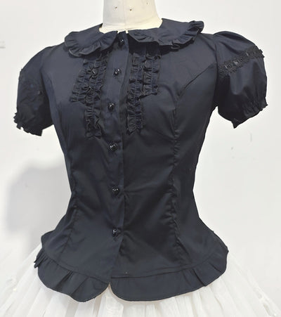 Sweet Angel~Daily Lolita Splicing Sleeve Shirt S black short-sleeved shirt 