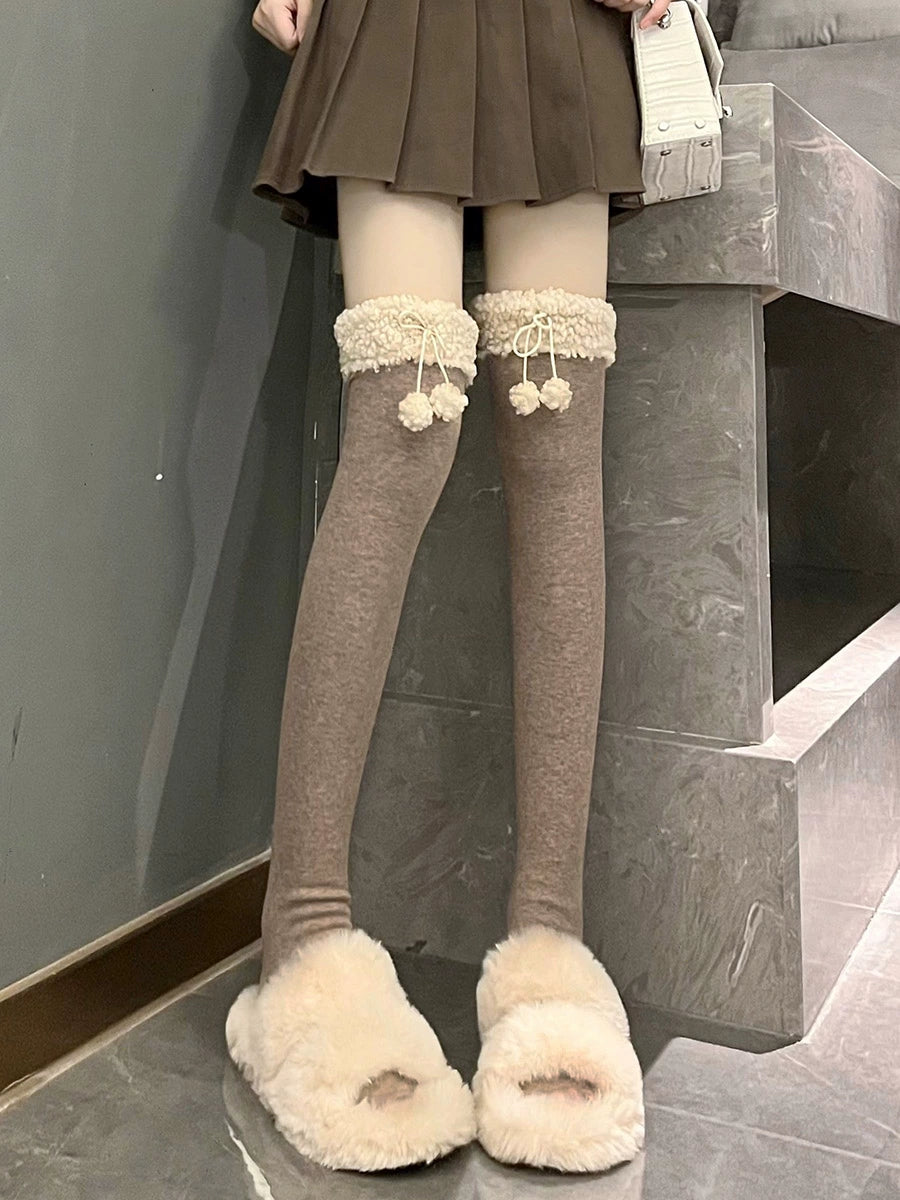 Hua Nai cat~Kawaii Winter Lolita Stockings Fuzzy Trim Furball Over-knee Socks   
