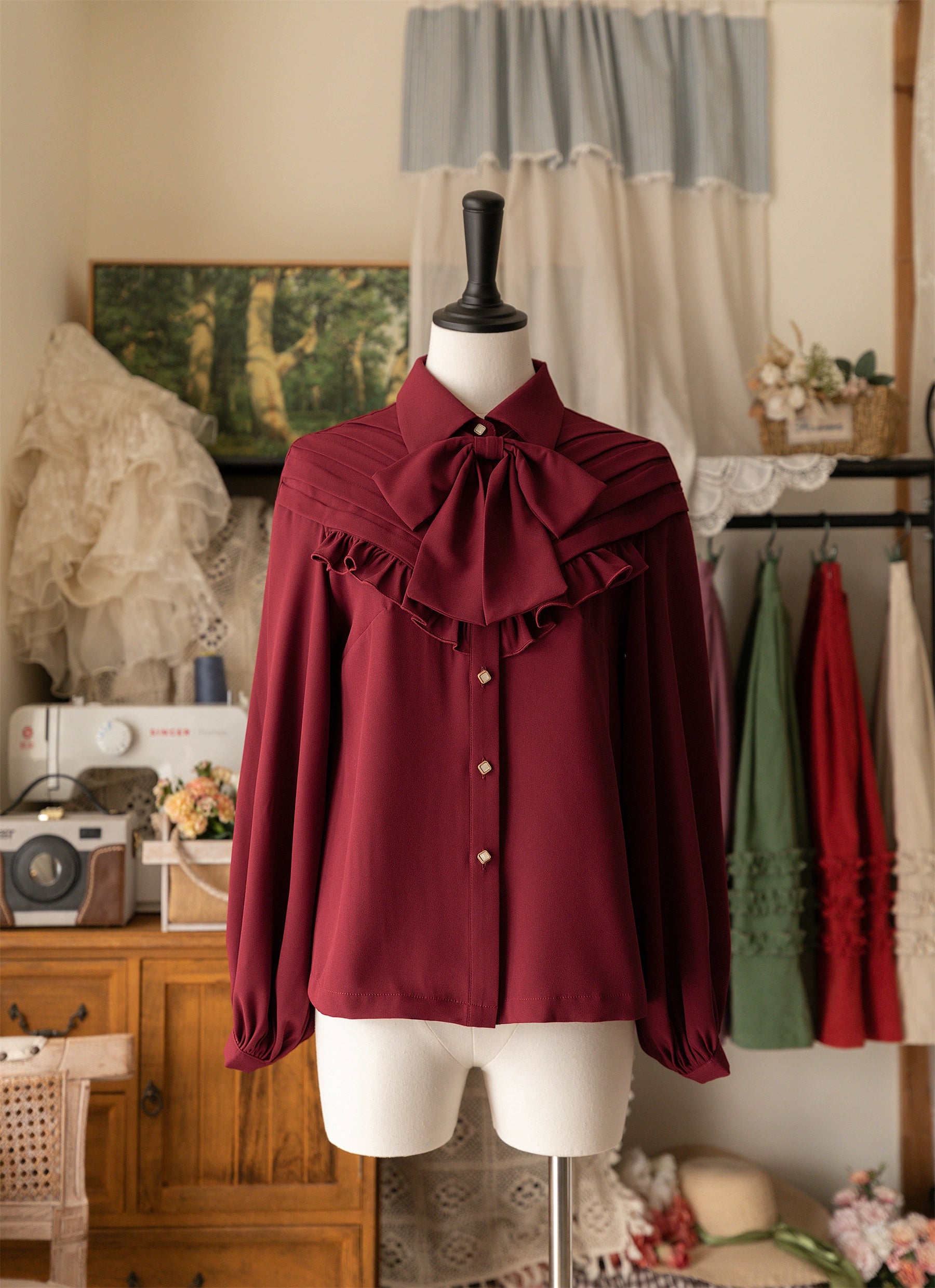 Forest Wardrobe - Forest Basket - Elegant Lolita Blouse, Vintage Bow Tie S Burgundy